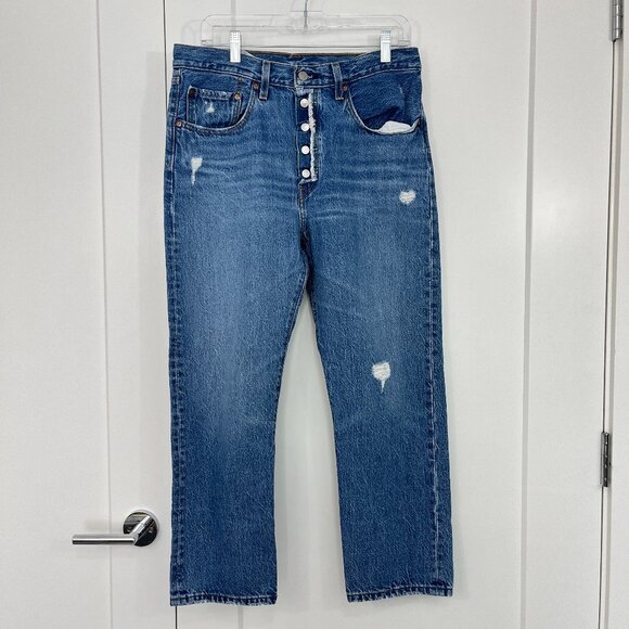 Levi's Size 30 Blue Distressed Crop Straight Leg Jeans - Picture 1 of 8